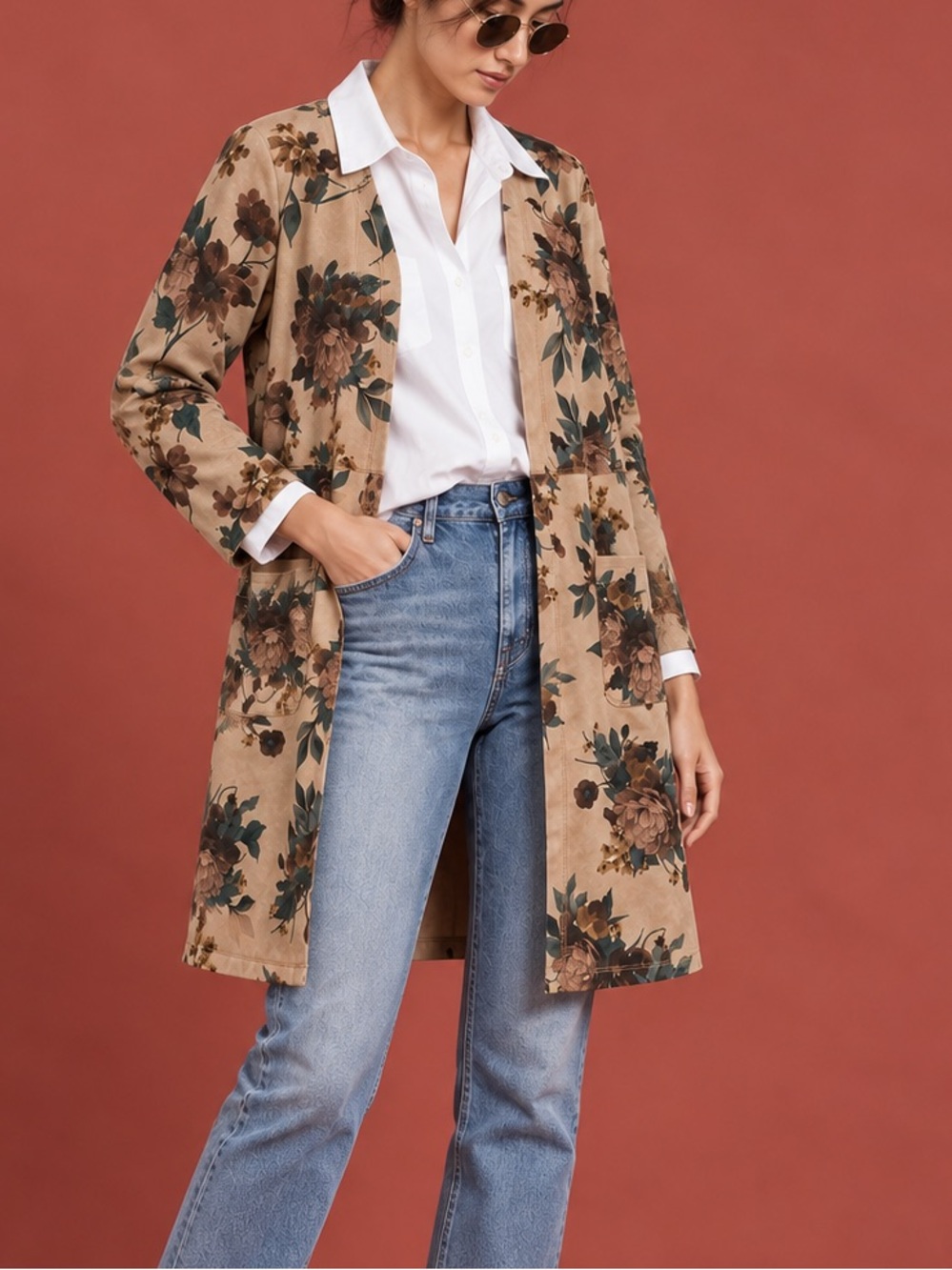 NWT Solitaire Faux Suede Duster Floral Jacket Size L